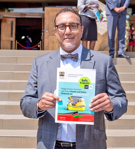 Tourism CS Najib Balala during the launch of the Magical Kenya Tourism and Travel Health and Safety Protocols in Nairobi on July 1, 2020