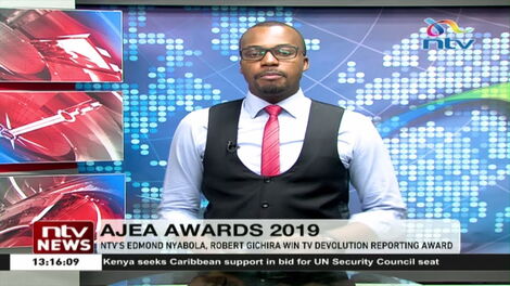 A photo of NTV Anchor Edmond Nyabola presenting news on August 10, 2019.