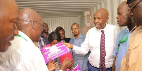 Education CS Ezekiel Machogu supervising distribution of KCPE and KPSEA exams on Monday, November 28, 2022