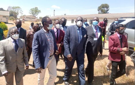 Education CS George Magoha (third right) and his team tour Machakos on Monday, November 8, 2021.