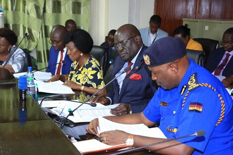 Education Cabinet Secretary George Magoha (second from right) and Inspector General of Police Hillary Mutyambai pictured at the special seating held by the National Assembly's Committee on Education on February 26.
