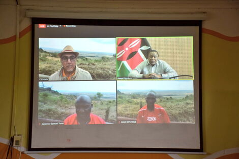 President Uhuru Kenyatta held a Zoom call with Narok Governor Samuel Tunai, CS Najib Balala and Marathon champion Eliud Kipchoge on August 8, 2020