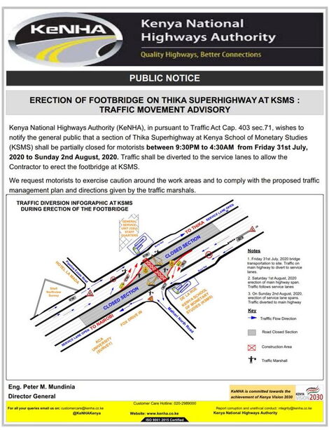 A notice by KeNHA on Tuesday, July 28, 2020, announcing Partial closure of a section of Thika Superhighway.