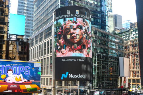 A photo on Nasdaq's billboard curated by Polly Irungu a Kenyan photographer based in the US