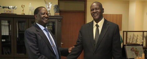 ODM leader Raila Odinga with Turkana Senator Malachy Ekal at Capitol Hill, Nairobi in July 2019