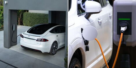 A collage image of electric vehicles being charged.