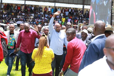 Elgeyo Marakwet Kipchumba Murkomen (l) and Gatundu South MP Moses Kuria leaving Kinoru Stadium midway through the BBI rally on February 29, 2020.