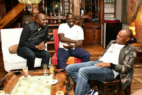 Elgeyo Marakwet Senator Kipchumba Murkomen (left) and Nandi Governor Stephen Sang (centre) enjoy a light hearted moment on March 12, 2020.