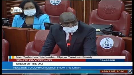 Elgeyo Marakwet Senator Kipchumba Murkomen addressing the Senate on June 16, 2020.