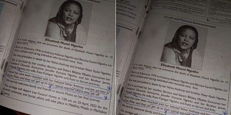An obituary announcing the death of Elizabeth Mueni Ngotho who passed away on April 12, 2022.