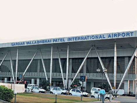 Entrance to Sardar Vallabhbhai Patel International (SVPI) Airport in Ahmedabad, India.