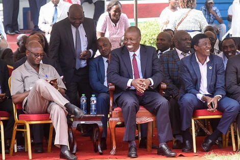 Nakuru County Commissioner Erastus Mbui (left), Nakuru Governor Lee Kinyanjui, and Treasury Chief Administrative Secretary Nelson Gaichuhie during the Nakuru BBI consultative meeting at Central Rift Valley Agricultural Showground on March 21, 2020.
