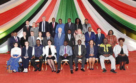European Union Ambassador to Kenya, Henriette Geiger and DP William Ruto pose for a photo with other diplomats and Kenya Kwanza leaders at the DP's Karen home on Thursday, June 2, 2022