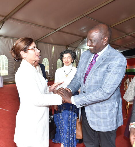 European Union Ambassador to Kenya, Henriette Geiger shakes hands with DP William Ruto at his Karen home on Thursday, June 2, 2022