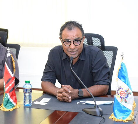 Mombasa County Executive Committee member for Transport, infrastructure and public works, Taufiq Balala, speaks to the press.