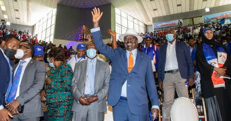 ODM Leader Raila Odinga waves to the crowd during the Wiper Party's national delegates meeting 