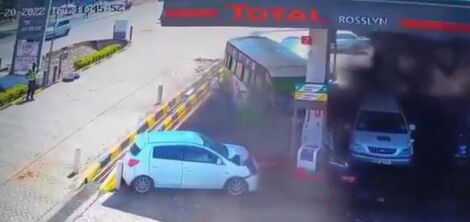 A screenshot from a viral CCTV video showing the accident that occurred on Thursday, January 20, 2022, at Total Rosslyn Petrol Station in Ruaka, Kiambu County.