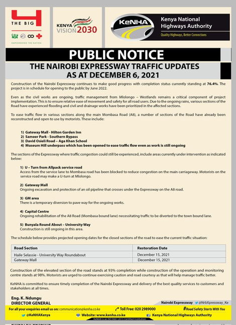 Traffic update issued by KeNHA on December 6, 2021.