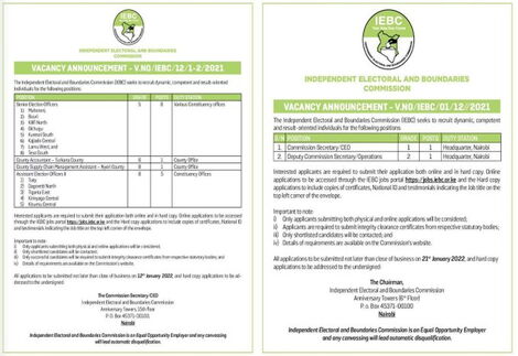 A poster advertising the vacancy for IEBC's CEO position among other positions.