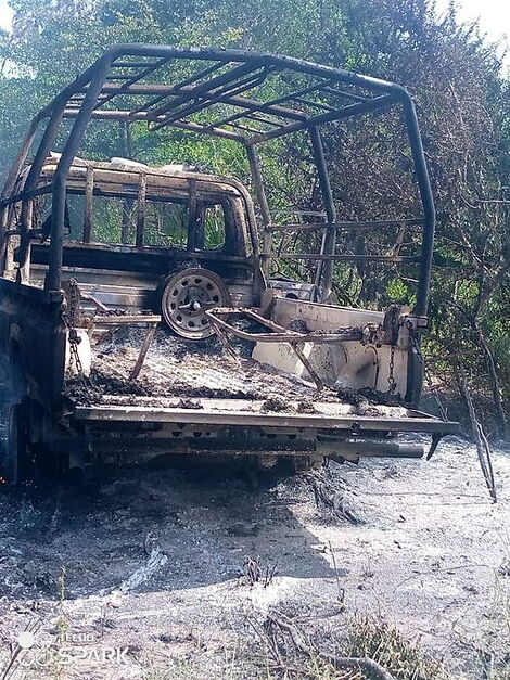 A torched police van following an ambush by Al Shabaab militants in Milihoi, Lamu on Friday, January 7, 2022.