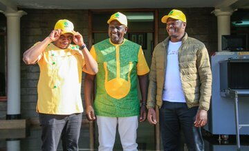 Starehe MP Charles Njagua Kanyi, alias Jaguar, with Deputy President William Ruto and Kiharu MP Ndindi Nyoro on January 24, 2022.