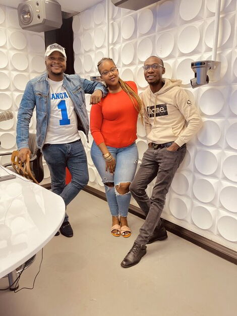 Kiss FM's Felix Odiwuor a.k.a Jalango with Kamene Goro and Sande Bush alias Dr. Ofweneke.