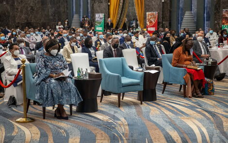 Foreign Affairs CS Racheal Omamo and Industrialisation CS Betty Maina during a meeting with representatives of the Gulf Cooperation Council (GCC) in Dubai, United Arab Emirates (UAE) on February 15, 2022.