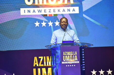 Azimio La Umoja Presidential candidate Raila Odinga speaking at the grand NDC held at KICC on March 12.