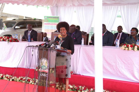 TSC CEO Nancy Macharia addresses the media on Monday, March 28.