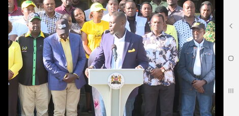 Johnson Sakaja speaking after his gubernatorial endorsement by Kenya Kwanza leaders in Karen on April 9, 2022.