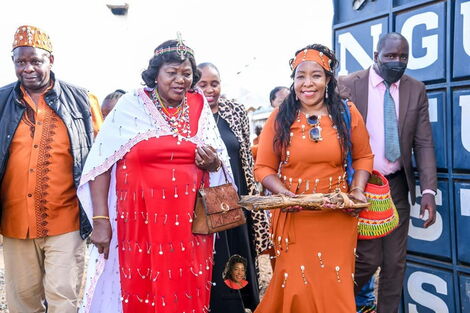Mama Ngina Kenyatta (left) arrives at field marshall Muthoni's home alongside Chair of Women League Hon Agnes Kagure on Saturday, April 2. 