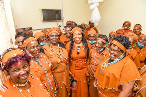 Chair of Women League Hon Agnes Kagure (center) poses for a photo alongside a council of women in Nyeri County on Saturday, April 2. 