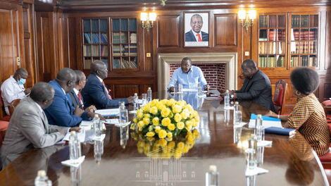 President Uhuru Kenyatta and other government officials being briefed on the 2021 KSCE results by Education CS George Magoha on April 23, 2022.