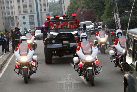 The funeral cortège of former President Emilio Mwai Kibaki drives through Nairobi roads from Lee Funeral Home to Parliament Buildings on Monday, April 25.