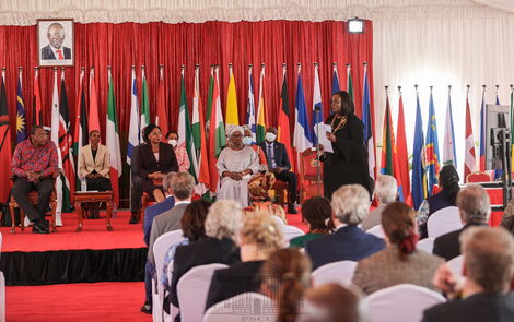 Foreign Affairs CS Raychelle Omamo speaking at an event in State House Nairobi on June 14, 2022.