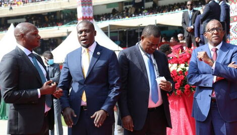 From Left: Presidents aide Farouk Kibet, Nairobi County governor Johnson Sakaja, Former National Assembly speaker Justin Muturi and Garissa Town MP Aden Duale at Kasarani Stadium on Tuesday, September 13, 2022