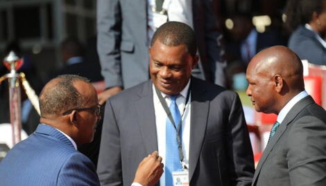 From Right: Presidents aide Farouk Kibet, Former National Assembly speaker Justin Muturi and Garissa Town MP Aden Duale (left) consulting each other at Kasarani Stadium on Tuesday, September 13, 2022