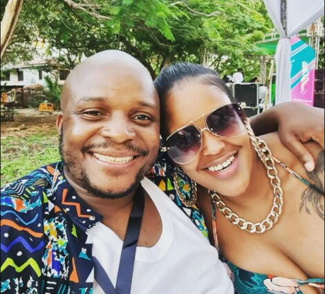 Felix Odiwuor, popularly Jalang'o and Kamene Goro at Kiss FM studios.