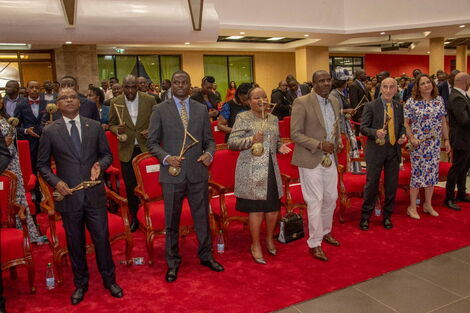 From left: Senate Speaker Amason Kingi, Kiharu MP Ndindi Nyoro, Kirinyaga Governor Anne Waiguru and her husband Kamotho Waiganjo during a church service in Karen on November 20, 2022.