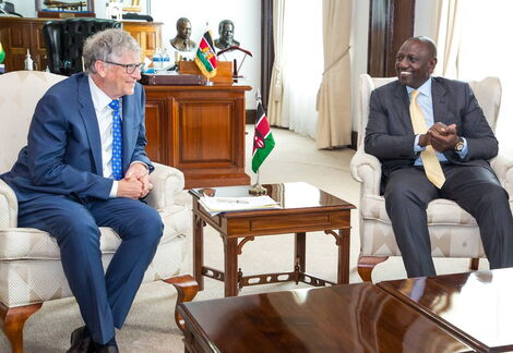 President William Ruto and US billionaire Bill Gates seated on wing chairs at State House on November 16, 2022.