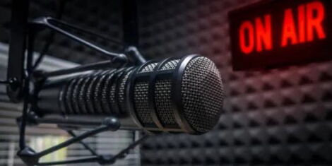 File Photo of Microphone in a radio station set up