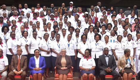 First Lady Margaret Kenyatta with nurses in Nairobi on August 23, 2018.