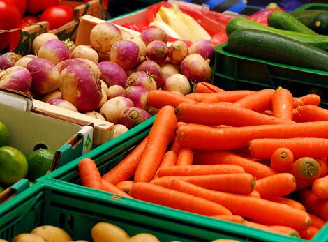 Food items on display at a market.