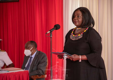 Foreign Affairs CS Raychelle Omamo addressing the annual presidential briefing to the diplomatic corps at State House on March 4, 2021.