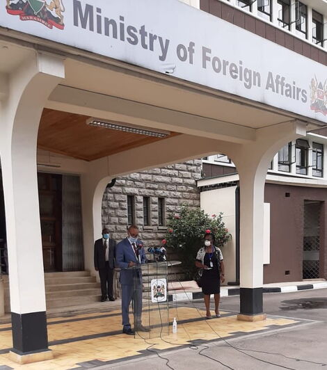 Foreign Affairs Principal Secretary Macharia Kamau addressing the media outside his office along Harambee Avenue Nairobi, April 14, 2020.