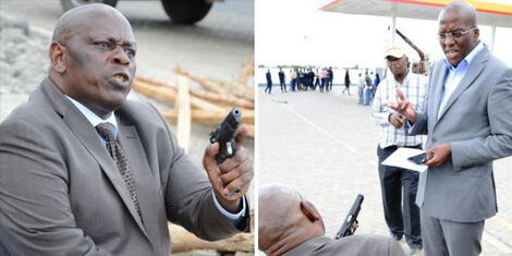Former Nominated MP Paul Njoroge points a gun at Polycarp Igathe in February 2017.