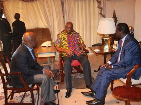 Former President Daniel Arap Moi (Centre) having a chat with former Prime Minister Raila Odinga (Right) and Baringo Senator Gideon Moi at his Kabarak residence on April 12, 2018.