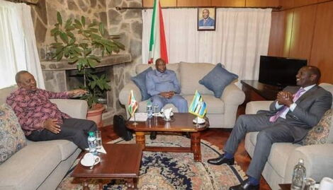 Former President Uhuru Kenyatta (left) meets his successor William Ruto (right) on Monday, November 28, 2022.