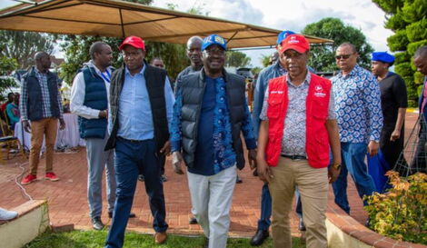Former Prime Minister Raila Odinga (center) and his allies at an event in Murang'a on Tuesday, May 3, 2022.