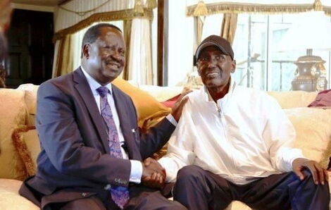 Former Prime Minister Raila Odinga (left) greets billionaire Chris Kirubi at his home.